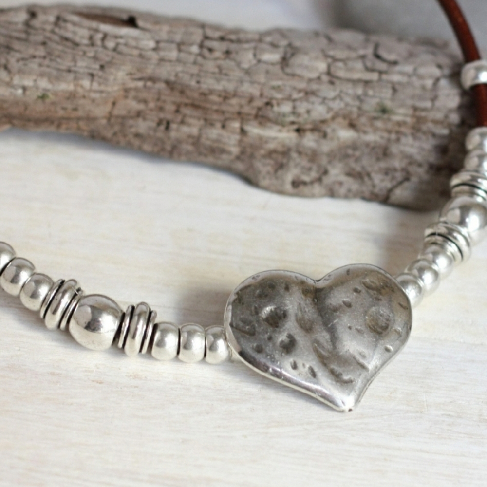 Silver heart necklace with silver beads